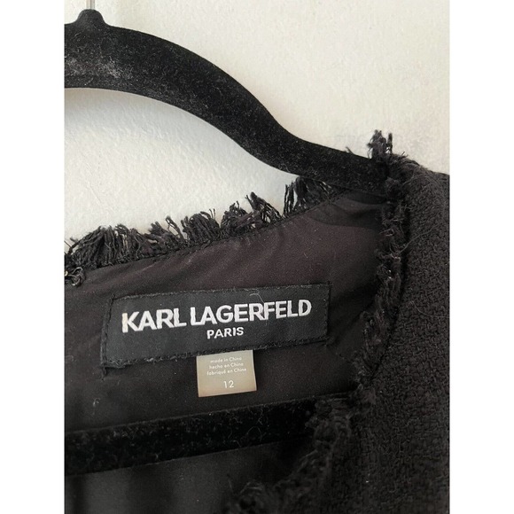Karl Lagerfeld Black Tweed Fringe Knee Length Sheath Pocket Dress Womens Size 12 - Picture 6 of 7